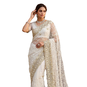 Sari indien traditionnel blanc en tulle pour femme, brodé de perles et de diamants, idéal pour les fêtes d'hiver et d'été - Product Image 1