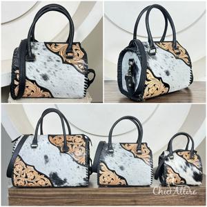 Bolsa Deportiva de Cuero Vacuno 100% Genuino, Tallada a Mano con Diseño Floral, Estilo Western, Portátil, para Viajes de Fin de Semana - Product Image 1