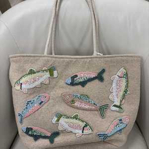 Embroidered Fish Canvas Tote Bag <b>Large</b> Capacity Jute Fabric Shoulder Handbag Women Beach Travel Purses Daily Use Grocery Carrier - Product Image 1