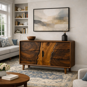 Luxali Wooden Handmade Modern Wooden <b>Sideboard</b> With Wave Carving Design For Living Room Home Furniture Midcentury Modern <b>Storage</b> - Product Image 2