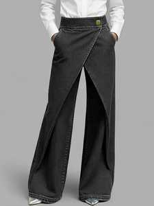 Jean décontracté pour femme, taille mi-haute, coupe large, asymétrique, en denim bleu uni, longueur intégrale, imperméable, style automne - Product Image 1