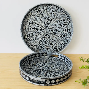 Bandeja de Servir Redonda de Nácar Negro con Diseño Floral, Bandeja Decorativa de Madera Lacada con Incrustaciones de Nácar, Bandeja Otomana para Café - Product Image 5