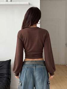 Custom Logo Women's Ruched Waist <b>Cropped</b> Crewneck Sweatshirt French Terry Coffee Brown Long Sleeve Fashion <b>Top</b> Hoodies Supplier - Product Image 2