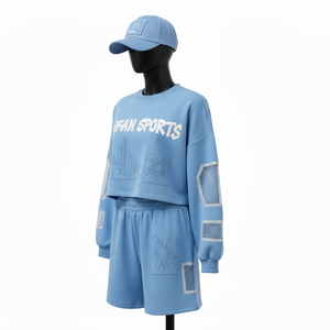 ชุดเซ็ตเสื้อสเวตเชิ้ตผ้าฝ้าย 100% กางเกงขาสั้นสำหรับผู้หญิง ผ้าฝ้ายพรีเมียมผสมโพลีเอสเตอร์เนื้อนุ่ม สีฟ้า แต่งลายปัก พิมพ์ลาย พร้อมปักโลโก้ตามสั่ง ชุดเซ็ตสำหรับผู้หญิง - Product Image 4