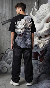 Men's White Short Sleeve T-Shirt With Dragon Print <b>Back</b> Design Casual O-Neck Regular Fit Cotton Jersey Breathable - Product Image 6