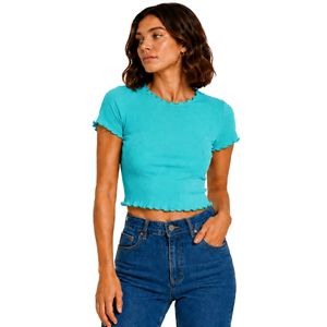 Camiseta Corta Acanalada Turquesa para Mujer, Manga Corta, Ajuste Ceñido, Dobladillo Ondulado, Algodón Elástico con Spandex, Top Casual de Verano, Moda Urbana - Product Image 1