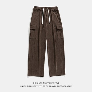 Men's Brown Corduroy Cargo Pants <b>Elastic</b> Waist Wide Leg Multiple Pockets Casual Autumn Style - Product Image 3