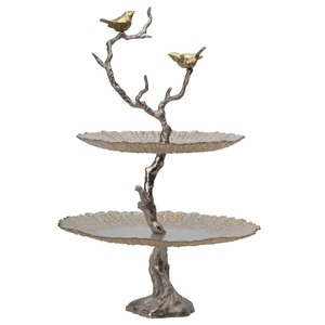 Two-Tier Metal Cake <b>Stand</b> With <b>Bird</b> And Branch Design Handmade Silver Finish - Product Image 5