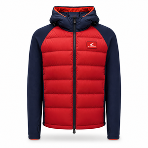 Blouson matelassé à capuche pour homme, rouge et bleu marine, avec blocs de couleur, isolation synthétique, fermeture éclair, imperméable 10 000 mm, anti-UV - Product Image 1