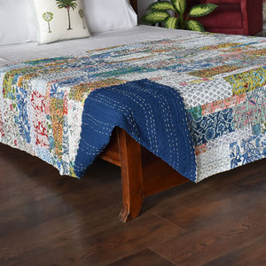 Hand Embroidered Hand Block Printed Kantha Cotton Twin Quilt <b>Throw</b> 150x220 cm Indian Handmade Bedspread Boho Home Decor Supplier - Product Image 4