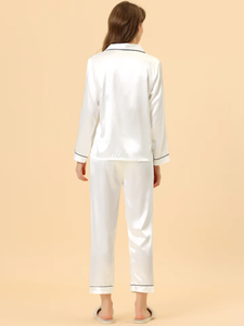 Ensemble de pyjama de salon boutonné en satin respirant pour femmes vêtements de nuit doux avec motif solide pour l'été, l'automne et le printemps - Product Image 2