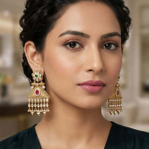 Boucles d'oreilles chandelier en perles d'eau douce et pompons dorés pour mariage - Product Image 1
