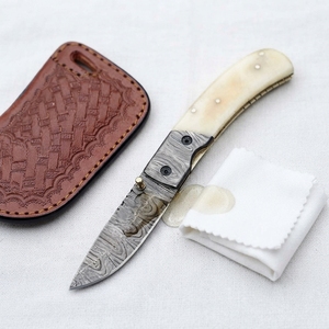 Hand Forged Damascus Steel <b>Folding</b> Pocket <b>Utility</b> <b>Knife</b> Bone Handle Celestial Engraved Straight Hunting Camping Outdoor Gift Men - Product Image 5