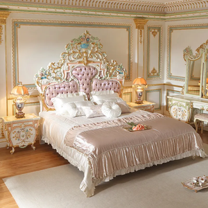 Ensemble de chambre à coucher de luxe européen, style rococo français, capitonné, avec rangement, pour chambre principale, en acajou massif sculpté à la main - Product Image 1