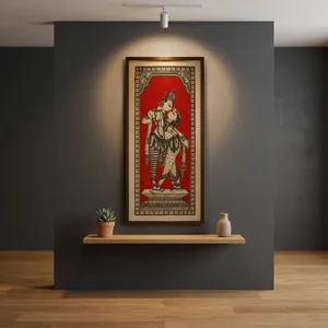 Cuadro Tradicional Rectangular de Radha Krishna para Decoración de Pared |   Obra de arte mitológica india hecha a mano |   Marco Decorativo para el Hogar de Estilo Étnico Rojo y Negro - Product Image 3