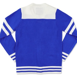 Cárdigan de punto con cuello en V en contraste azul y blanco para mujer, estilo preppy con bolsillos, largo completo, para todas las estaciones. - Product Image 4