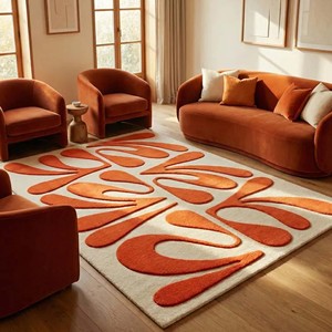 Tapis de luxe en laine orange ivoire, fait main, contemporain, tufté, adapté aux animaux domestiques, extra épais, à poils moyens, tapis design pour salon - Product Image 1