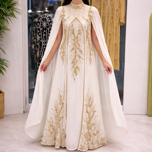 White Bridal Turkish Kaftan Detachable Cape | Hand-Embellished Gold <b>Beaded</b> Wedding Gown | Premium Heavy Embroidery Anti-static - Product Image 1