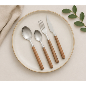 Ensemble de couverts élégants en acier inoxydable avec manche en bois de noyer naturel, finition polie miroir, style japonais, pour table à manger - Product Image 2