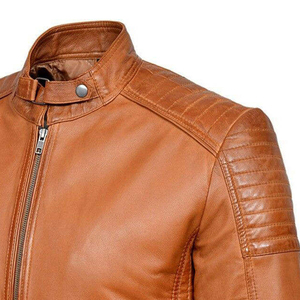 Chaquetas de Motociclista de Cuero Genuino Marrón para Hombre, Cuello Alto, Cierre de Cremallera, Corte Regular, Estilo Otoñal, Chaqueta de Cuero Vacuno, Precios Bajos - Product Image 4