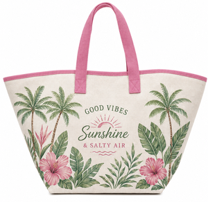Sac fourre-tout en coton premium avec imprimé floral tropical palmiers et hibiscus |   Sac réutilisable pour la plage, les vacances et le quotidien - Product Image 3