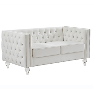 Divano Componibile a Due Posti in Velluto Beige con Fibbia in Cristallo, Cuscini Rimovibili, Due Cuscini Morbidi; Piedini in Cristallo a Forma Ovale - Product Image 5