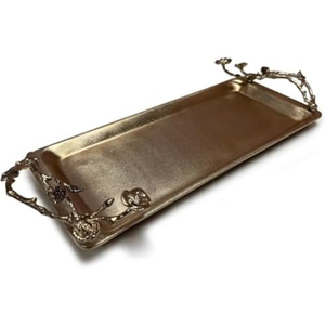 Bandeja de servir decorativa hecha a mano de aluminio dorado con asas ornamentadas de hoja de aloe, plato de metal lujoso para decoración navideña. - Product Image 5