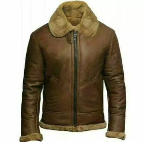 Wholesale Men's Genuine Leather Biker Jacket Brown Fur Lined Zipper Closure Winter Moto Style Regular Fit - Product Image 1