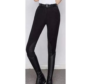 Pantalones de equitación de cintura alta para mujer, largos, de punto, de algodón y elastano, elásticos en cuatro direcciones, de color liso, con cierre de botón, personalizables. - Product Image 4