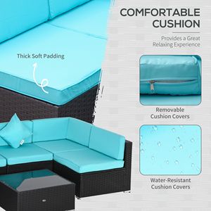 Set da conversazione da esterno in vimini turchese a 7 pezzi con cuscini e tavolo in vetro - Product Image 5