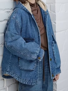 Veste en jean délavé pour femme avec capuche, coupe ample, style décontracté, en coton, style automne, couleur unie, boutonnage frontal - Product Image 4