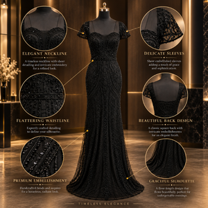 Women's Black Beaded Sequin Mermaid <b>Evening</b> <b>Dress</b> | Sheer Sleeve Floor Length Formal Gown Elegant Party <b>Wedding</b> Guest <b>Dress</b> Gown - Product Image 5