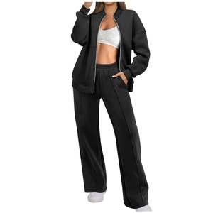 Wholesale Factory Direct Women's Casual 2 Piece Outfits Oversized Fleece Sweatsuit <b>Zip</b> Long Sleeve Sweatshirt Wide Leg - Product Image 2
