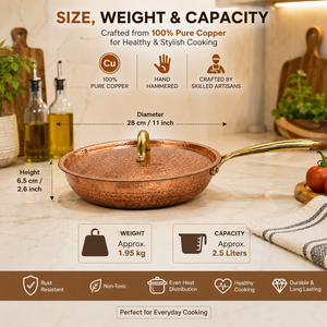 100% Pure Handmade Hammered Copper Frying <b>Pan</b> with Lid, Premium Copper Skillet, Brass <b>Handle</b> Chef Cookware, OEM ODM Wholesale - Product Image 5