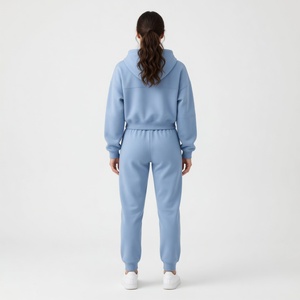 Ensemble jogging et sweat à capuche court personnalisé pour femme, bleu ciel, en molleton doux, décontracté, pour la détente et le sport - Product Image 2