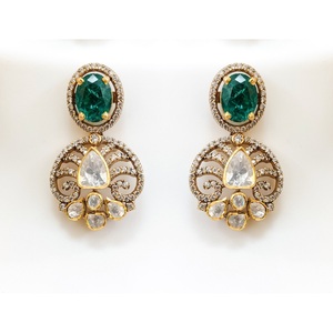 Parure Collier et Boucles d'Oreilles Paon en Argent 925 Plaqué Or Antique, Ornée de Pierres Polki CZ Émeraude, Style Victorien, Fait Main, Ethnique, pour Mariage Indien - Product Image 3