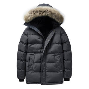 Blouson matelassé noir à capuche pour homme avec garniture en fourrure, fermeture éclair, rembourrage épais en duvet, coupe ample, couleur unie, idéal pour l'hiver - Product Image 1