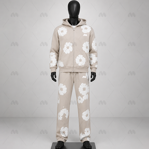 Conjunto de chándal de forro polar personalizado para mujer al por mayor, sudadera con capucha de invierno con cremallera, pantalones de chándal de pierna ancha con bordado floral, ajuste holgado - Product Image 4