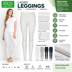 Leggings décontractés pour femmes en coton et élasthanne tricotés, longueur intégrale, couleur unie noire, taille élastique, extensibles et doux, 180g, toutes saisons - Product Image 3