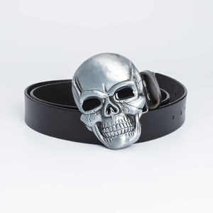 Ceinture en cuir véritable avec boucle tête de mort argentée, en cuir de vachette, décontractée, durable, moulée d'une seule pièce, noire et marron unies - Product Image 3