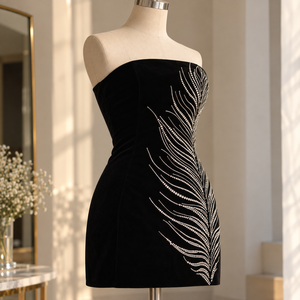 Modern Strapless Velvet Beaded Bodycon <b>Dress</b> with <b>Rhinestone</b> Feather Embellishment Above Knee Length Elegant Evening Gown - Product Image 1