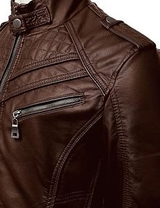 Men's Brown Lambskin <b>Leather</b> Biker <b>Jacket</b> Slim Fit Zipper Closure Stand Collar Regular Length Solid Color <b>Jacket</b> - Product Image 5