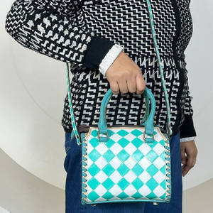 Stylish Turquoise & White Checkered Design Small Speedy Hand Tooled Leather Travel <b>Bag</b> Western Compact Size Crossbody Duffel <b>Bag</b> - Product Image 4