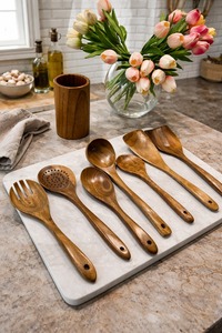 Ustensiles de cuisine en bois naturel antiadhésifs, spatules en teck, outils de cuisson en bois, cuillères en bois pour la cuisson, fourchette à salade - Product Image 3