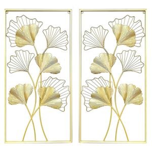 Ensemble de 2 tableaux muraux rectangulaires modernes avec motif végétal encadrés de métal doré pour la décoration de la maison, salon, chambre, hôtel - Product Image 1