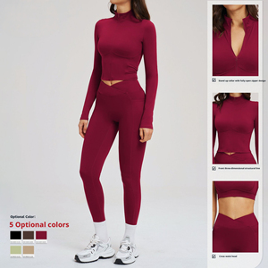 <b>Women</b> 2 Piece Yoga Set Long Sleeve Crop <b>Top</b> High Waist Leggings Solid Black Seamless Zipper Front Activewear Workout Wear - Product Image 3