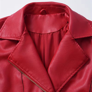 Blouson moto en cuir PU tricoté rouge pour femme, col montant imprimé, manches longues, fermeture éclair, couleur unie, qualité supérieure, automne - Product Image 4