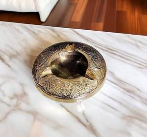 <b>Vintage</b> Brass Round Desktop <b>Ashtray</b> with Intricate Engraved Design for Home Decor - Product Image 1