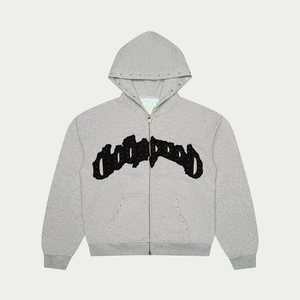 2026 Trending Design Heavyweight French Terry Cotton Distressed Embroidery Patch Full Zip Hoodie and Jogger Pant Sweatsuit - Product Image 2