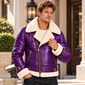 <b>Mens</b> Purple for Embossed Leather <b>Shearling</b> Breathable Silk Lining Biker Jacket Fur Collar Winter Motorcycle <b>Coat</b> OEM - Product Image 5
